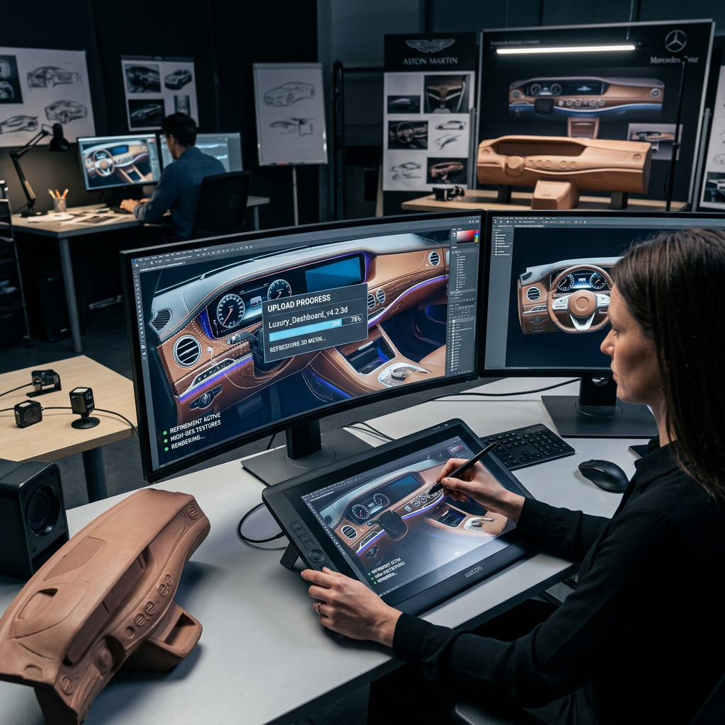 Luxury dashboard upload and 3D refinement scene